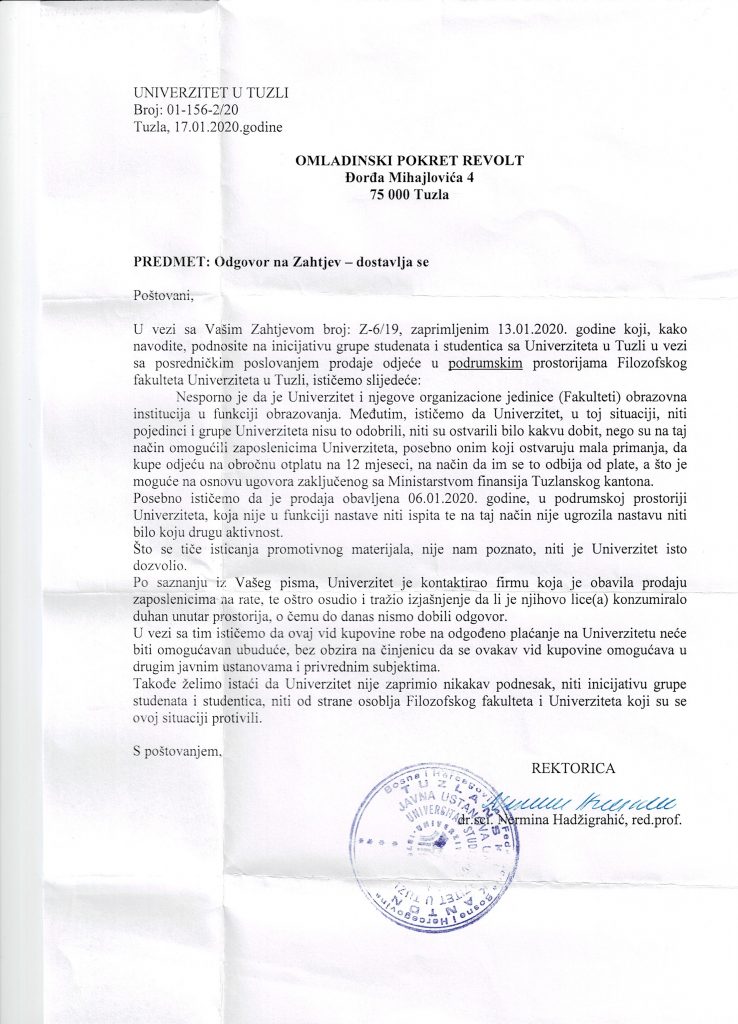 Odgovor Rektorata Univerziteta u Tuzli na Zahtjev Omladinskog pokreta Revolt
